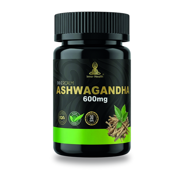 Frasco de Ashwagandha 600 mg de Inner Health, formato de 30 cápsulas