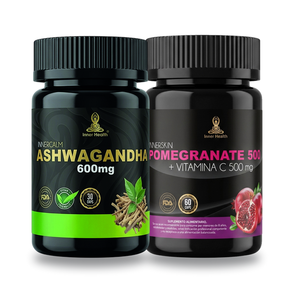 Pack con un frasco de Ashwagandha de 30 cápsulas y uno de Pomegranate de Inner Health