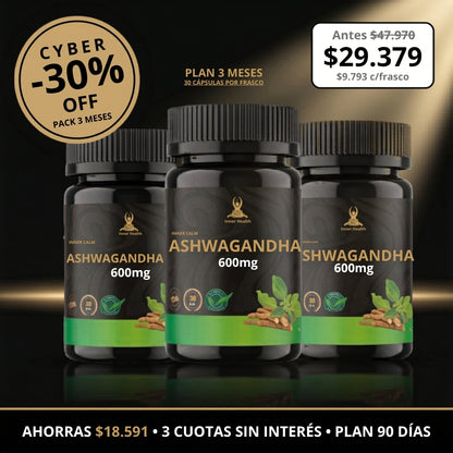 [PRECIO CYBER] Pack 3 MESES Ashwagandha 600Mg 30 Caps - Ahorra Un 30% Y Paga Hasta En 3 Cuotas Sin Interés